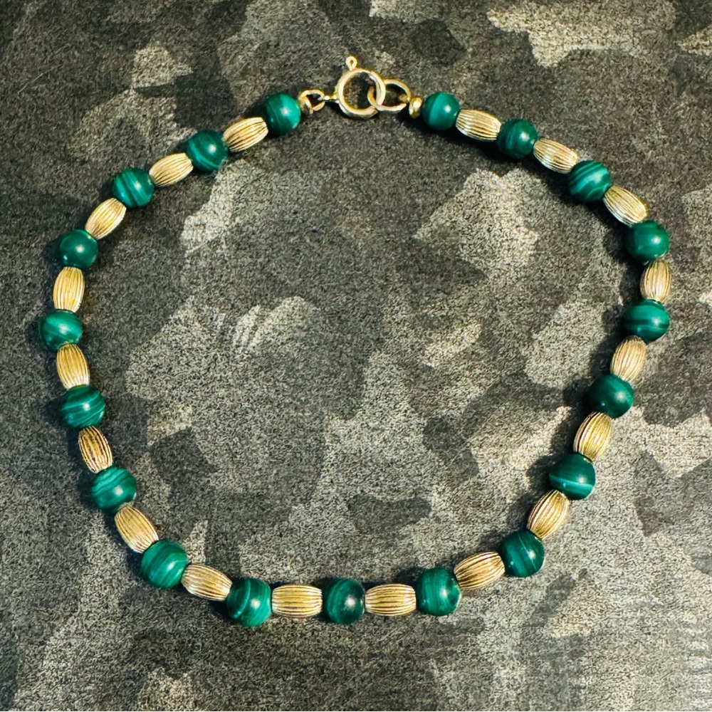 Vintage 14k GF Gold Filled Malachite Stone Beaded Lobster Clasp Bracelet